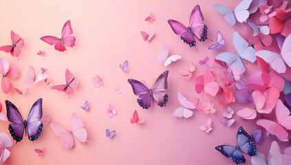 3D butterflies flying on a pink and purple background
