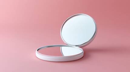 Two round compact mirrors reflecting the pink backdrop behind them