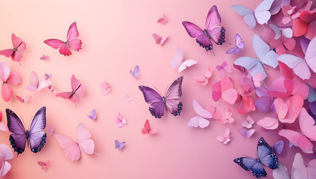 Fototapeta 3D butterflies flying on a pink and purple background