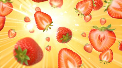 Vibrant strawberry illustration with bursts of light on a bright yellow background copy space