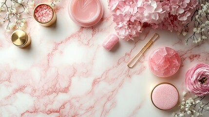 Pink hairpins, a rose quartz roller, gua sha, gold rings, and a wristlet are arranged on a white marble background with copyspace in a top view photo, emphasizing the skincare beauty concept.
