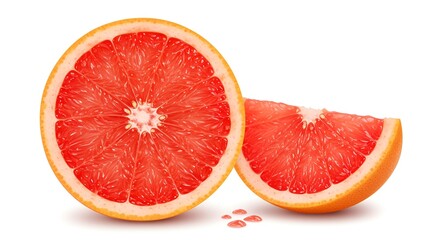 A vibrant, juicy grapefruit sliced in half, revealing its rich red pulp with glistening juice droplets, isolated