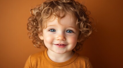 Naklejka premium A joyful toddler with curly blonde hair beams with happiness, showcasing bright blue eyes and an adorable smile. The vivid orange backdrop enhances the cheerful mood of the moment