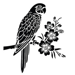 Parrot on Branch with Flowers  silhouette
white background
