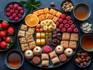 Glowing Platter of Assorted Sweets and Fruits for Communal Ramadan Iftar Feast