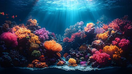 Fototapeta premium Glowing Coral Reef Teeming with Vibrant Marine Life Under Clear Blue Ocean Waters