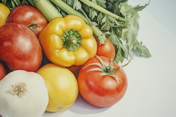 Colorful fresh vegetables arranged on a white surface.