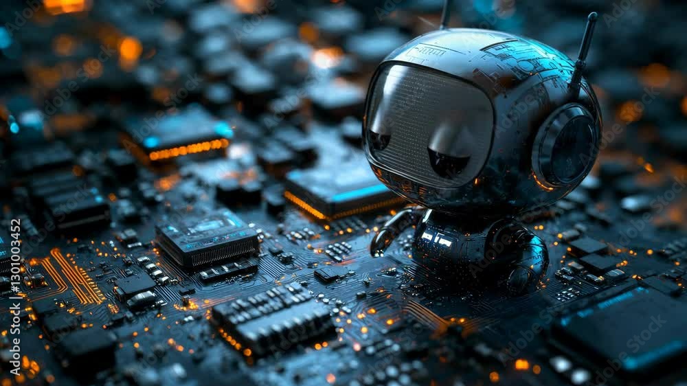 Poster small robot exploring circuit board with orange illuminated face