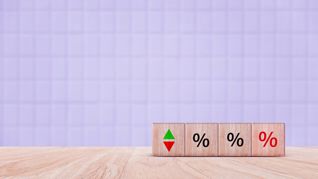 Financial, stocks, interest rate and GDP percent change, wooden block with percentage sign and arrow up sign and down for interest rate, ranking