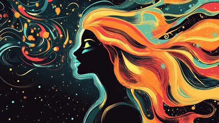 Abstract Woman Portrait Colorful Hair Style Vibrant Orange Yellow Teal Artistic Digital Painting Modern Illustration Graphic Design Background Image  