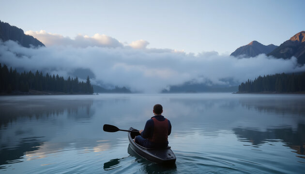 Kayaker navigating a mist-covered mountain lake at dawn, surrounded by fog, still waters, and towering pine trees