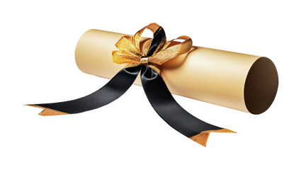Celebratory diploma scroll adorned with a black and gold ribbon, perfect for graduation announcements and achievements, cut out