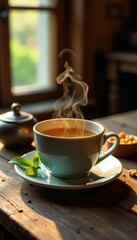Cozy rustic table with steaming cup of golden tea,, cup, warm