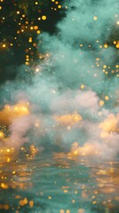 Magical forest water with smoke and sparkling lights