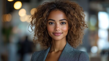 Obraz premium Portrait of a confident businesswoman with a friendly smile wearing a gray suit jacket in an office environment, perfect for concepts of success, leadership, and professionalism.