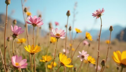 Obraz premium Desert wildflowers bloom among dry reed stalks, natural, withered, blooming