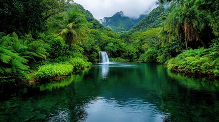 Serene Tropical Waterfall Surrounded by Lush Greenery in Nature