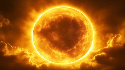 Fototapeta premium Fiery Celestial Orb Rising Through Golden Clouds