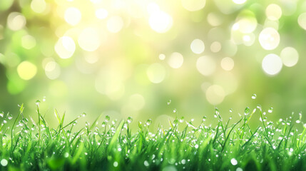 Obraz premium Abstract background of fresh green grass in the morning, close-up view, spring