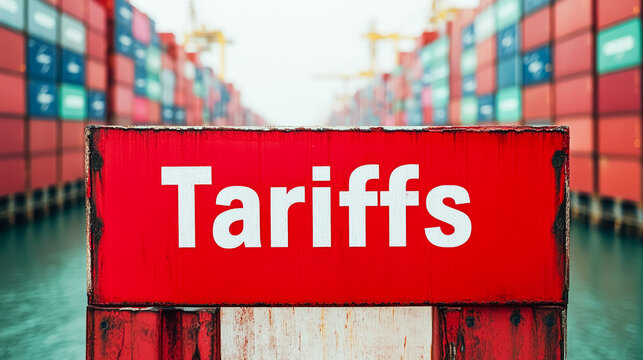 Tariffs with warning red sign in front of seaport with cargo containers on background