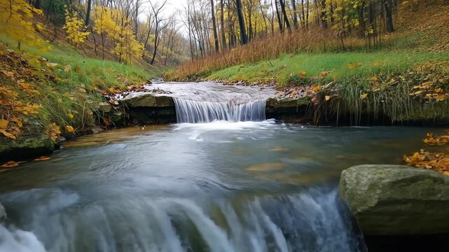 Small Waterfall in Forest on Autumn Day Capturing Tranquil Nature with Flowing Stream, Trees, Green Grass, and Fall Leaves in AR 169 Style Photography Scene for Seasonal Landscape Design