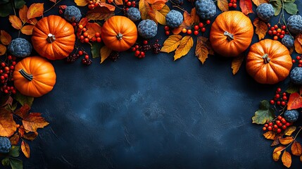 Pumpkins, fall leaves, and berries decorate a rustic wooden table for an autumnal feel.