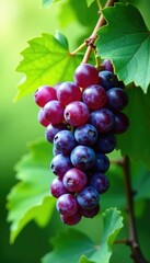 Fototapeta premium Fresh purple grapes on a green leafy background, landscape, grapes