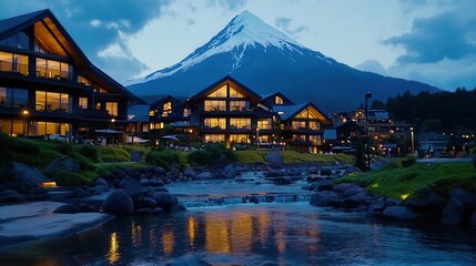 Fototapeta premium Scenic Mountain Resort at Dusk with Reflection in Calm Waters