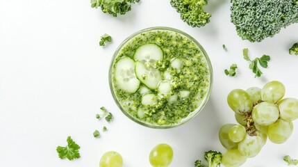 Green smoothie with cucumber and broccoli on white background