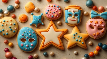 Obraz premium Purim party triangle cookies, Star of David, masks, bow tie, beads, blowers, and serpentine on beige.