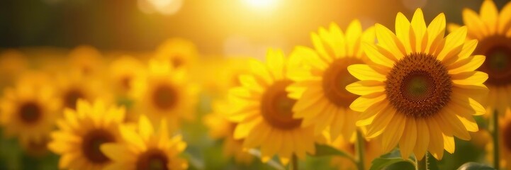Obraz premium Golden petals unfolding in soft focus, sunflowers against warm light, warm, sunflowers