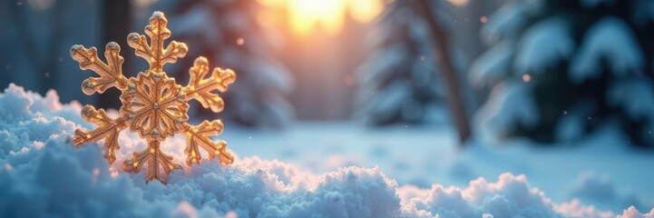 Golden snowflake against the backdrop of a serene snowy forest, fine details, sparkles, winter wonderland