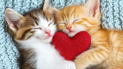 Kittens sleeping with heart toy on blanket. Love