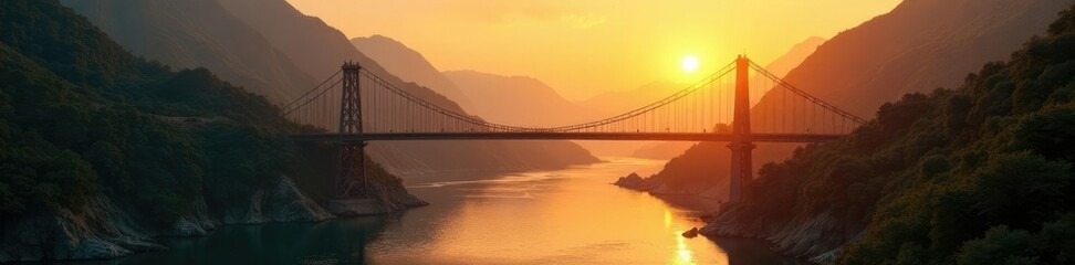 Golden sunset on suspension bridge over mountain river, bright, river