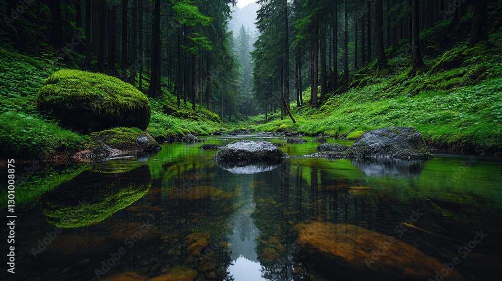 Poster Serene Forest Landscape with Stream and Reflection in Tranquil Setting