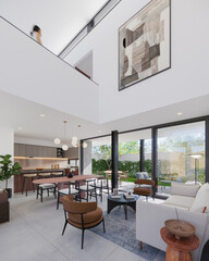 Sala a doble altura estilo moderno con vista al jardin, 3d render