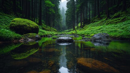 Naklejka premium Serene Forest Landscape with Stream and Reflection in Tranquil Setting