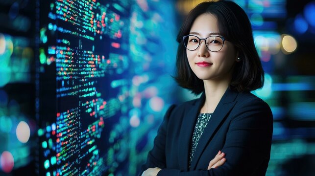 Confident businesswoman standing in front of a high-tech data visualization display, symbolizing innovation and expertise in the tech industry with a futuristic atmosphere and bright lighting.