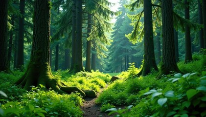 Fototapeta premium lush spruce foliage surrounds dense forest floor, greenery, spruce, forest floor