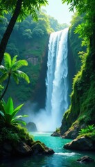 Fototapeta premium Lush tropical plants and trees growing around a roaring waterfall cascade, greenery, plants, ambiance