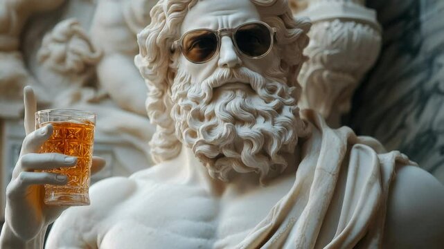 Zeus statue wearing sunglasses and holding a glass of whiskey