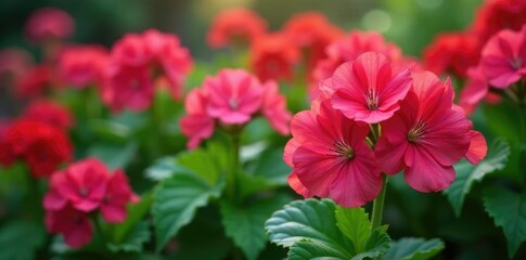 Pink-red geranium blooms on a bed of lush green leaves, geraniums,, flowers