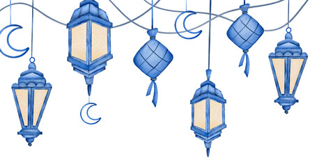 Watercolor Islamic Blue Lantern Lamp Frame Border