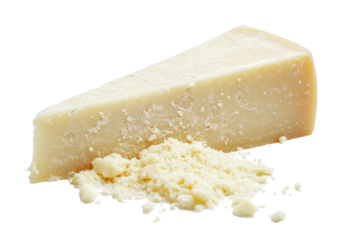 Tasty cheese wedge with fine grated texture ready for culinary use in various dishes and recipes for flavor enhancement, cut out