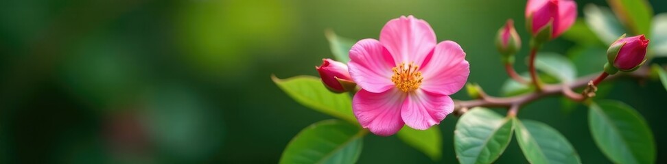 Pink wild rose branch with leaves and flowers, nature, blossom