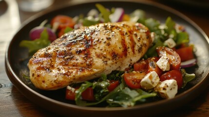 Seared chicken breast and Greek salad on wooden table