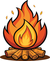 Cartoon Bonfire Clipart Illustration with Flames. Burning Campfire Icon Flat Style Firewood Flames. Hand Drawn Hot Blazing Fire. Cozy Warmth Symbol with Logs.