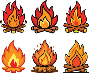 Set of Cartoon Bonfire Clipart Illustration with Flames. Burning Campfire Icon Flat Style Firewood Flames. Hand Drawn Hot Blazing Fire. Cozy Warmth Symbol with Logs.