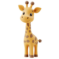Fototapeta premium Adorable 3D render of a cartoon giraffe with a friendly expression. Cute minimalist character for kids projects and designs on a transparent background.