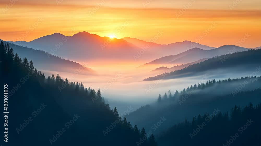 Aufkleber sunrise over misty forest with scenic mountain view and soft light casting a serene glow across the 